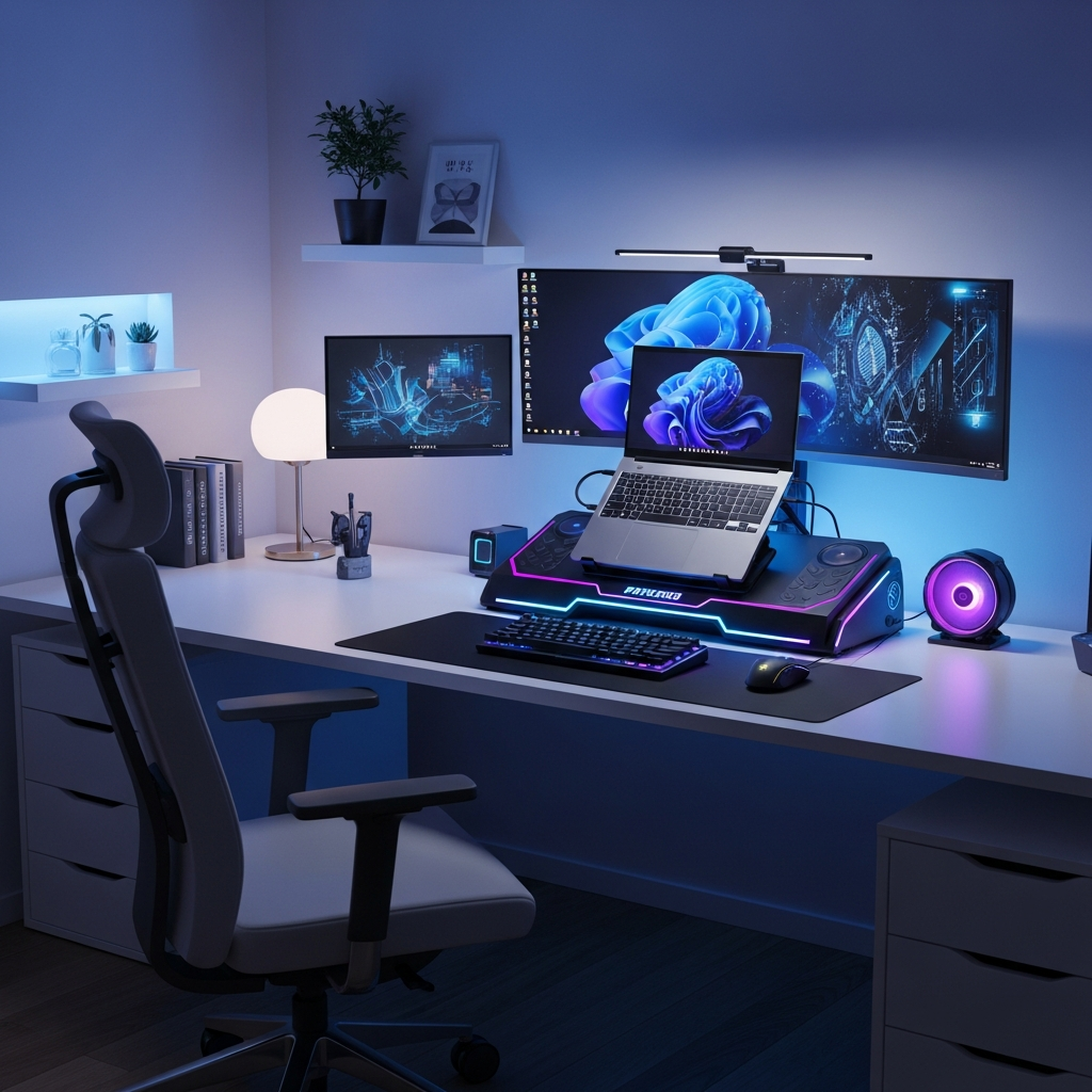 Setup moderno com base de notebook RGB futurista