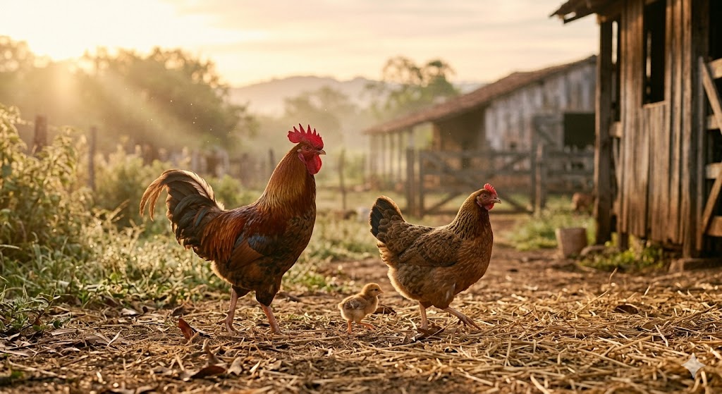 Galo, galinha e pintinho caminhando pelo quintal