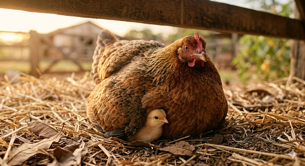 Galinha protegendo um pintinho no terreiro