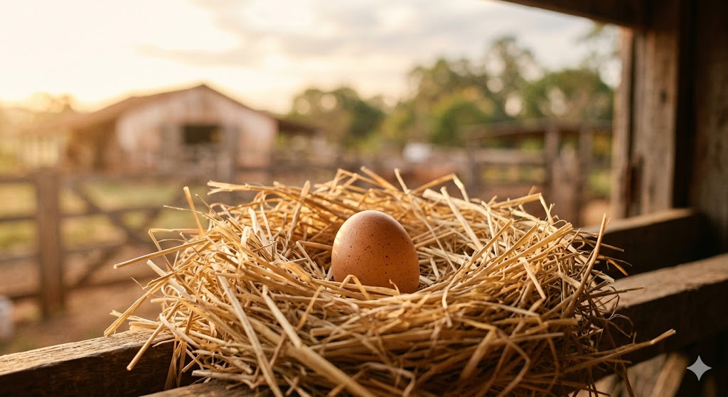 Ovo de galinha no ninho de palha