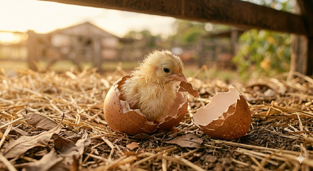 Pintinho nascendo do ovo em meio à palha do galinheiro