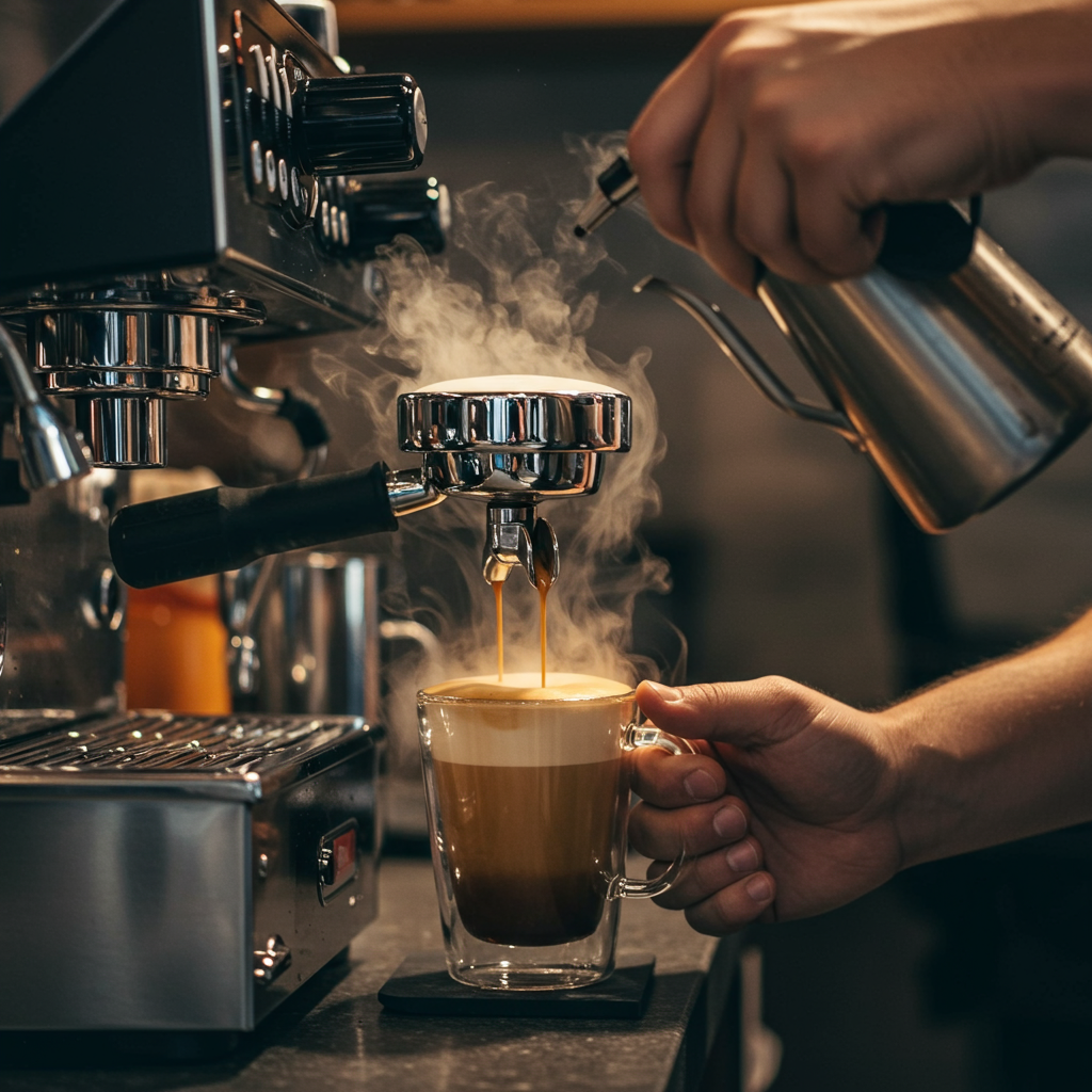 Café espresso sendo extraído de uma máquina