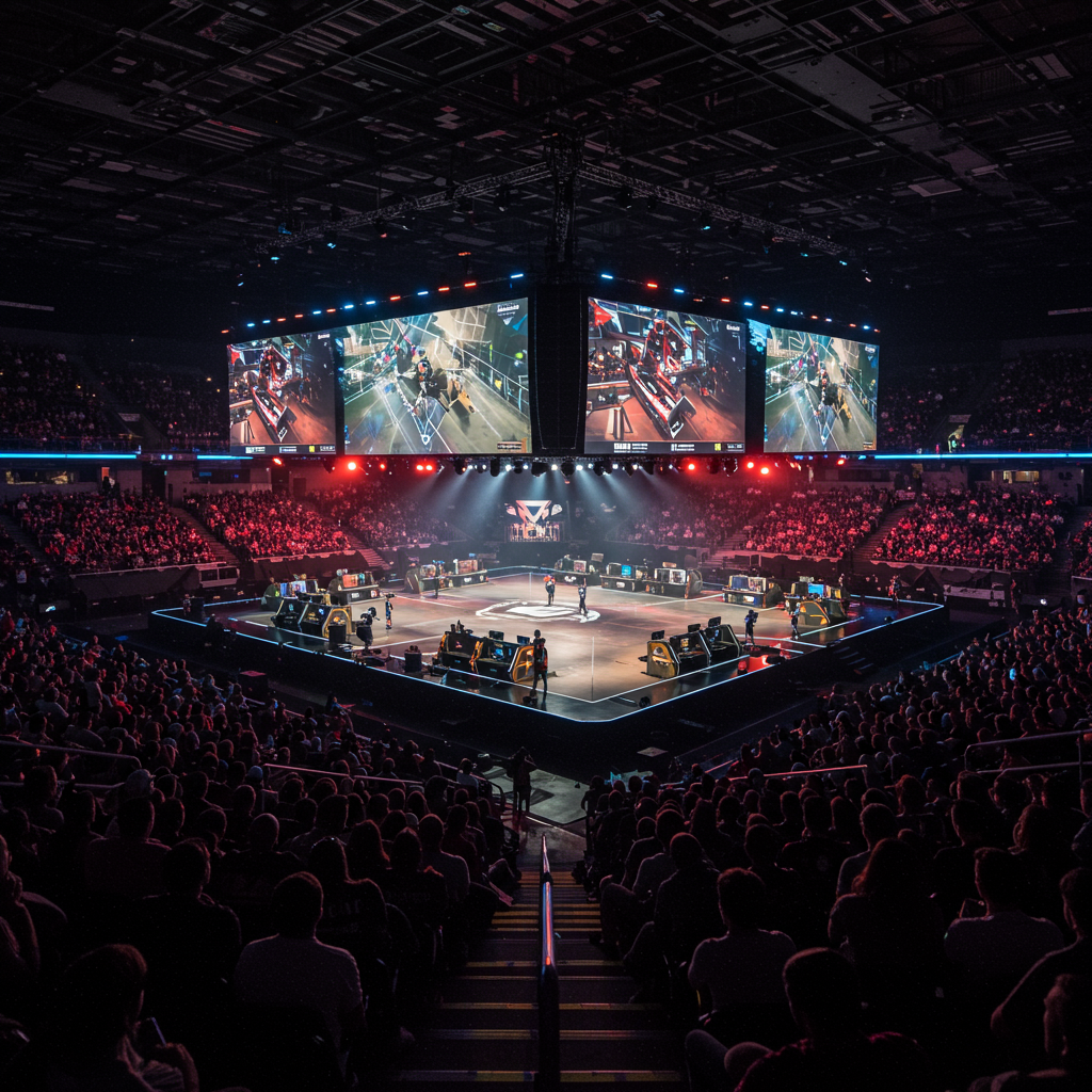 Grande arena de e-sports com jogadores competindo em um palco