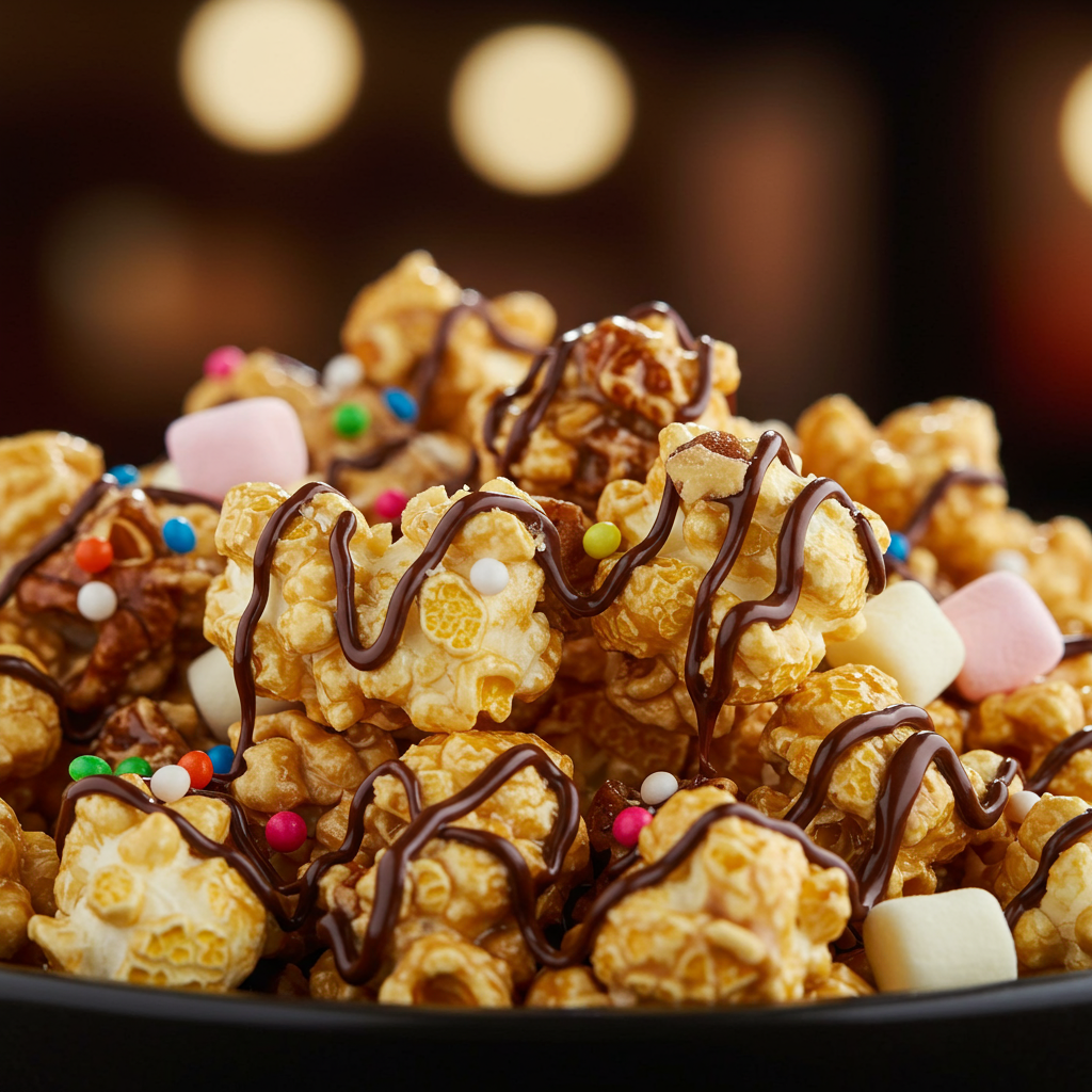 Pipoca gourmet com chocolate e outros toppings